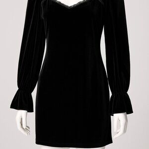 SHEIN Black Velvet Lace Trim Square Neck Puff Sleeve Mini Dress Large NWOT